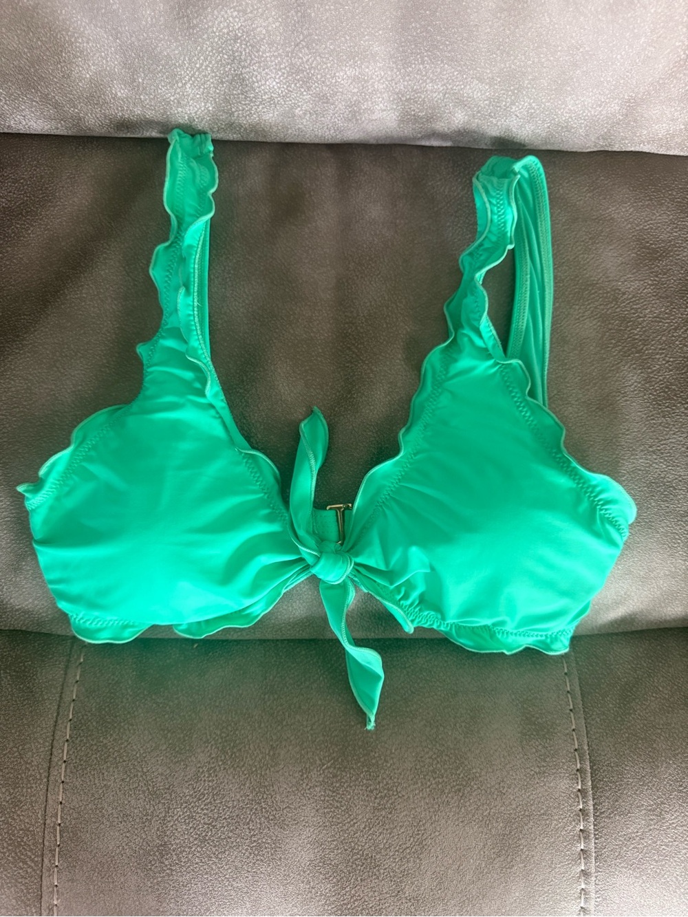 Green Ruffle Tie-Front Bikini Top